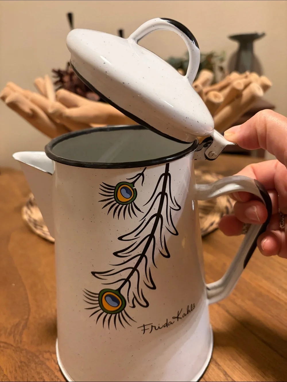 Frida Kahlo White Enamel Peacock Design Coffee Pot
